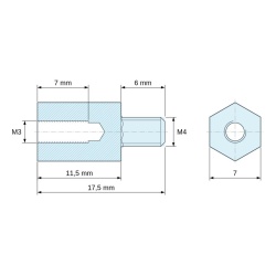 Plano acotado 11,5 mm / 6 mm, Distanciador hexagonal roscado macho/hembra acero cincado amarillo M3 / M4 - 7 mm entrecaras