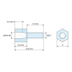 Plano acotado 5,4 mm / 7,5 mm, Distanciador hexagonal roscado macho/hembra acero cincado amarillo UNC4-40 / M2,5 - 5 mm entrecaras