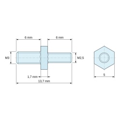 Plano acotado 1,7 mm / 6 mm, Distanciador hexagonal roscado macho/macho acero cincado amarillo M3 / M2,5 - 5 mm entrecaras