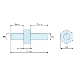 Plano acotado 3 mm / 6 / 8 mm, Distanciador hexagonal roscado macho/macho acero inoxidable M3 - 5,5 mm entrecaras, vástagos de 6 y 8 mm