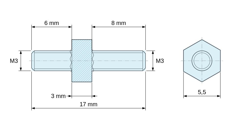 Plano acotado Distanciador hexagonal roscado macho/macho acero inoxidable M3 - 5,5 mm entrecaras, vástagos de 6 y 8 mm