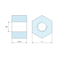 Plano acotado 3 mm, Distanciador hexagonal roscado hembra/hembra latón niquelado sin plomo M2 - 4 mm entrecaras