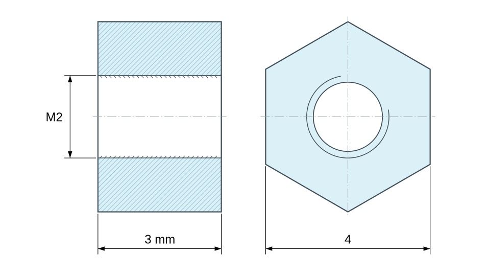 Plano acotado Distanciador hexagonal roscado hembra/hembra latón niquelado sin plomo M2 - 4 mm entrecaras Plano acotado Distanciador hexagonal roscado hembra/hembra latón niquelado sin plomo M2 - 4 mm entrecaras