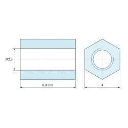 Plano acotado 6,3 mm, Distanciador hexagonal roscado hembra/hembra latón niquelado sin plomo M2,5 - 4 mm entrecaras