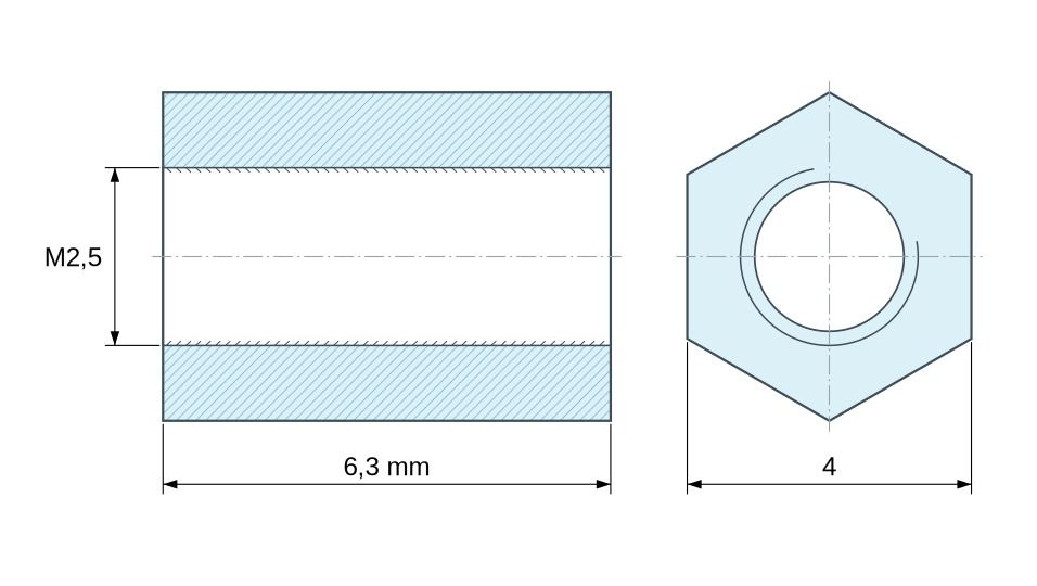 Plano acotado Distanciador hexagonal roscado hembra/hembra latón niquelado sin plomo M2,5 - 4 mm entrecaras Plano acotado Distanciador hexagonal roscado hembra/hembra latón niquelado sin plomo M2,5 - 4 mm entrecaras