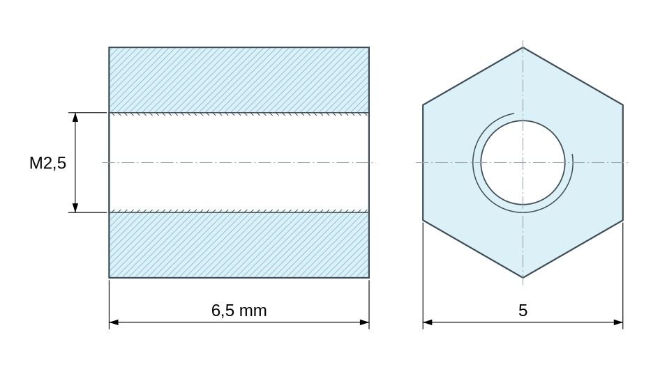 Plano acotado Distanciador hexagonal roscado hembra/hembra latón niquelado sin plomo M2,5 - 5 mm entrecaras
