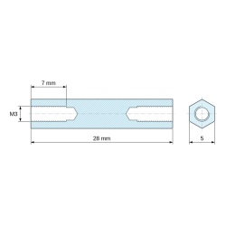 Plano acotado 28 mm, Distanciador hexagonal roscado hembra/hembra latón niquelado sin plomo M3 - 5 mm entrecaras