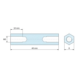 Plano acotado 40 mm, Distanciador hexagonal roscado hembra/hembra latón niquelado sin plomo M5 - 8 mm entrecaras
