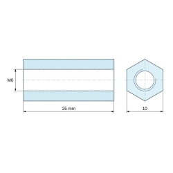 Plano acotado 25 mm, Distanciador hexagonal roscado hembra/hembra latón niquelado sin plomo M6 - 10 mm entrecaras