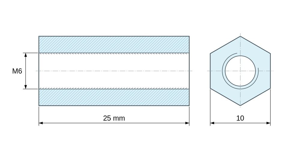 Plano acotado Distanciador hexagonal roscado hembra/hembra latón niquelado sin plomo M6 - 10 mm entrecaras Plano acotado Distanciador hexagonal roscado hembra/hembra latón niquelado sin plomo M6 - 10 mm entrecaras