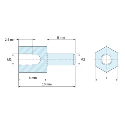 Plano acotado 5 mm / 5 mm, Distanciador hexagonal roscado macho/hembra latón niquelado sin plomo M2 - 4 mm entrecaras
