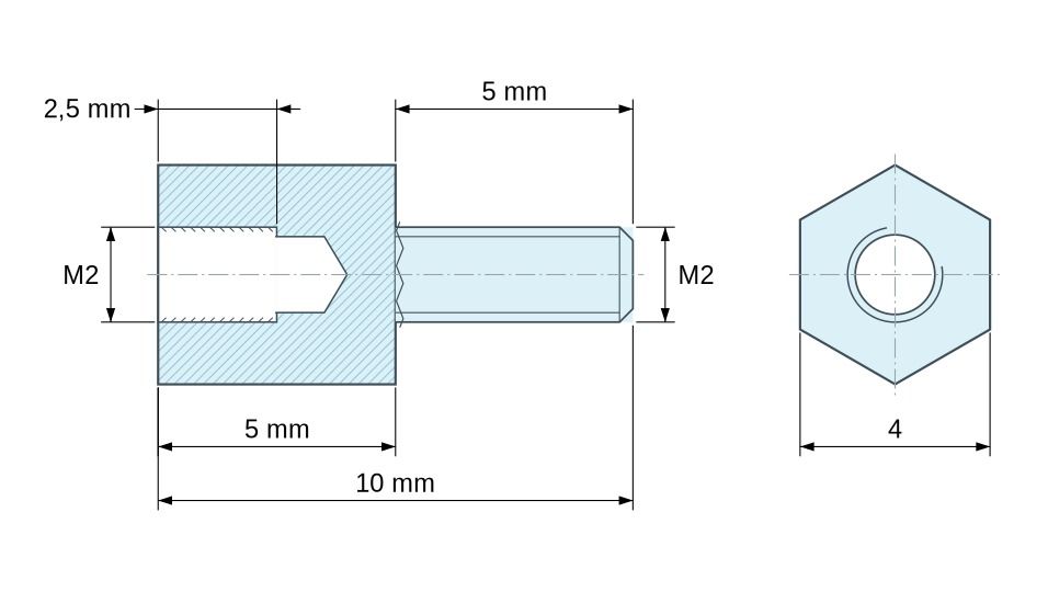 Plano acotado Distanciador hexagonal roscado macho/hembra latón niquelado sin plomo M2 - 4 mm entrecaras