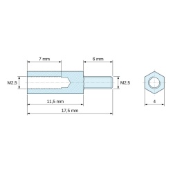 Plano acotado 11,5 mm / 6 mm, Distanciador hexagonal roscado macho/hembra latón niquelado sin plomo M2,5 - 4 mm entrecaras