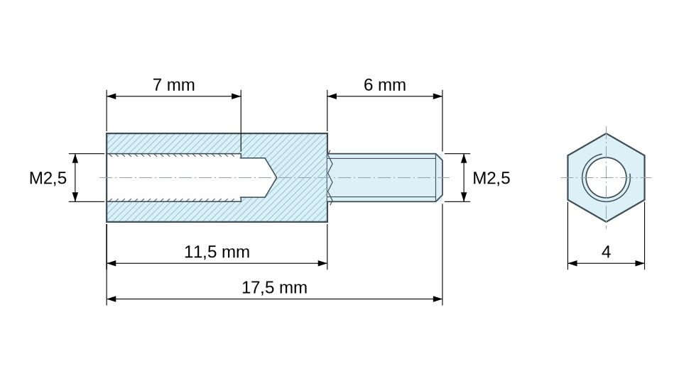 Plano acotado Distanciador hexagonal roscado macho/hembra latón niquelado sin plomo M2,5 - 4 mm entrecaras