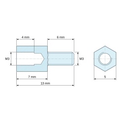 Plano acotado 7 mm / 6 mm, Distanciador hexagonal roscado macho/hembra latón niquelado sin plomo M3 - 5 mm entrecaras