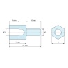 Plano acotado 7 mm / 6 mm, Distanciador hexagonal roscado macho/hembra latón niquelado sin plomo M3 - 5 mm entrecaras