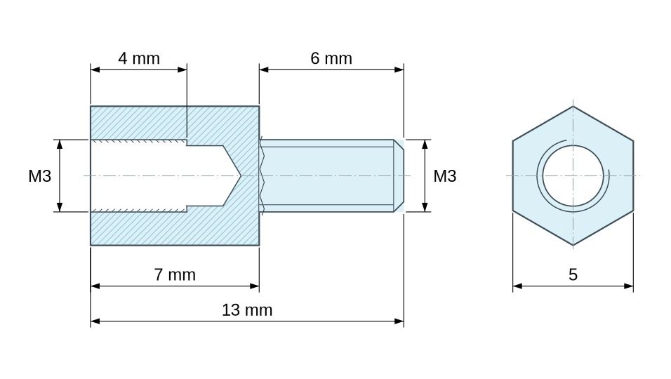Plano acotado Distanciador hexagonal roscado macho/hembra latón niquelado sin plomo M3 - 5 mm entrecaras Plano acotado Distanciador hexagonal roscado macho/hembra latón niquelado sin plomo M3 - 5 mm entrecaras
