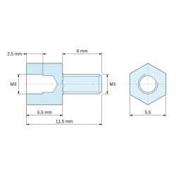Plano acotado 5,5 mm / 6 mm, Distanciador hexagonal roscado macho/hembra latón niquelado sin plomo M3 - 5,5 mm entrecaras