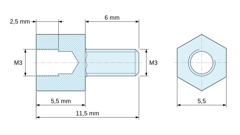 Plano acotado Distanciador hexagonal roscado macho/hembra latón niquelado sin plomo M3 - 5,5 mm entrecaras