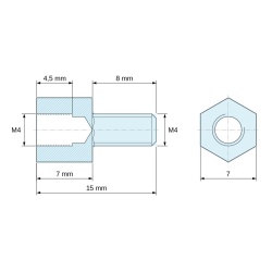 Plano acotado 7 mm / 8 mm, Distanciador hexagonal roscado macho/hembra latón niquelado sin plomo M4 - 7 mm entrecaras