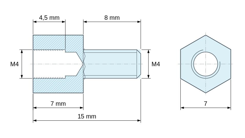 Plano acotado Distanciador hexagonal roscado macho/hembra latón niquelado sin plomo M4 - 7 mm entrecaras