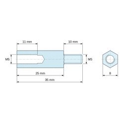 Plano acotado 25 mm / 10 mm, Distanciador hexagonal roscado macho/hembra latón niquelado sin plomo M5 - 8 mm entrecaras