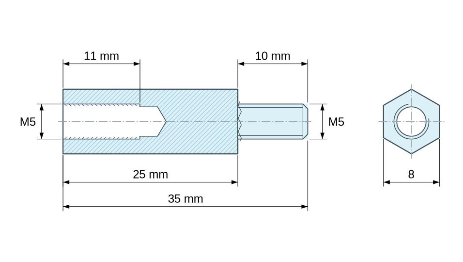 Plano acotado Distanciador hexagonal roscado macho/hembra latón niquelado sin plomo M5 - 8 mm entrecaras Plano acotado Distanciador hexagonal roscado macho/hembra latón niquelado sin plomo M5 - 8 mm entrecaras