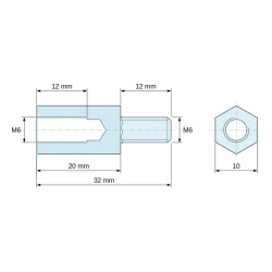 Plano acotado 20 mm / 12 mm, Distanciador hexagonal roscado macho/hembra latón niquelado sin plomo M6 - 10 mm entrecaras