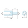Plano acotado 20 mm / 12 mm, Distanciador hexagonal roscado macho/hembra latón niquelado sin plomo M6 - 10 mm entrecaras