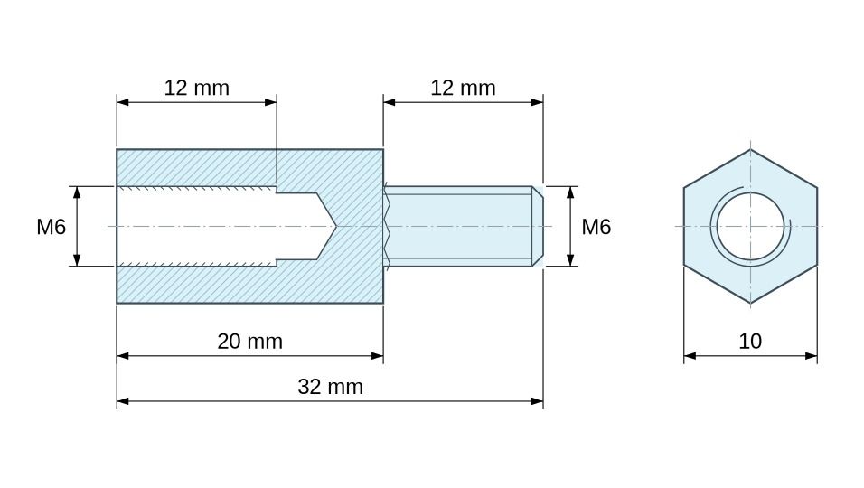 Plano acotado Distanciador hexagonal roscado macho/hembra latón niquelado sin plomo M6 - 10 mm entrecaras