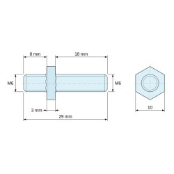 Plano acotado 3 mm / 8 / 18 mm, Distanciador hexagonal roscado macho/macho latón niquelado con plomo M6 - 10 mm entrecaras, vástagos de 8 y 18 mm