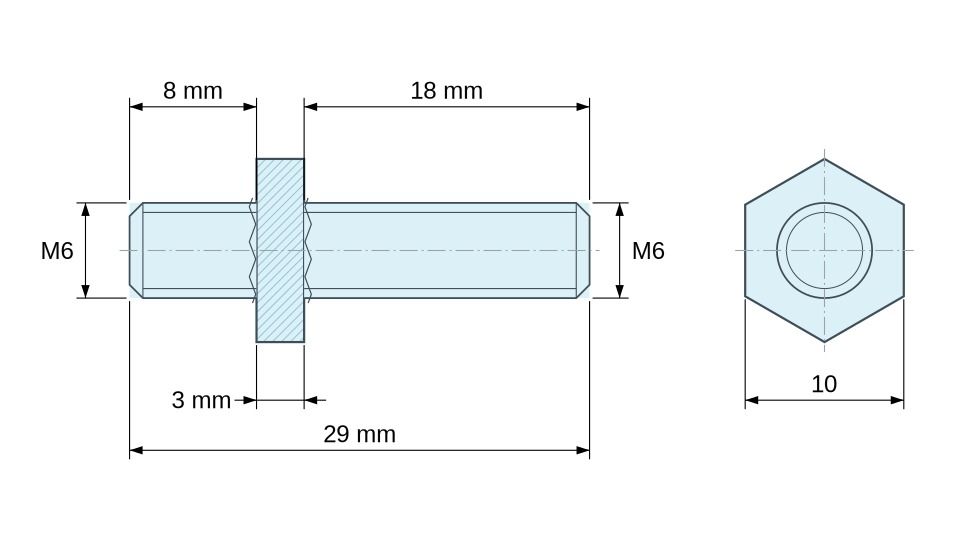 Plano acotado Distanciador hexagonal roscado macho/macho latón niquelado con plomo M6 - 10 mm entrecaras, vástagos de 8 y 18 mm