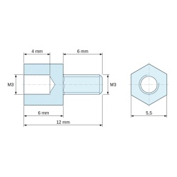 Plano acotado 6 mm / 6 mm, Distanciador hexagonal roscado macho/hembra plástico poliamida PA6.6 natural UL94-V2 M3 - 5,5 mm entrecaras