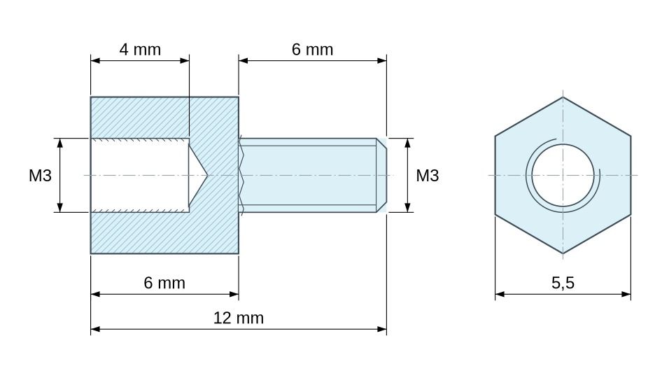 Plano acotado Distanciador hexagonal roscado macho/hembra plástico poliamida PA6.6 natural UL94-V2 M3 - 5,5 mm entrecaras