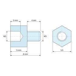 Plano acotado 5 mm / 4 mm, Distanciador hexagonal roscado macho/hembra plástico poliamida PA6.6 UL94-V2 M3 - 5,5 mm entrecaras