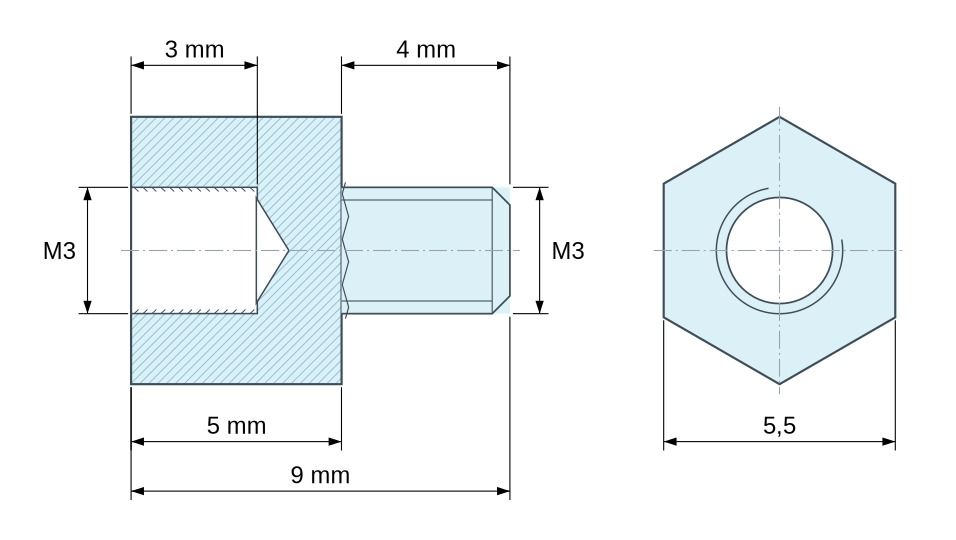 Plano acotado Distanciador hexagonal roscado macho/hembra plástico poliamida PA6.6 UL94-V2 M3 - 5,5 mm entrecaras