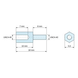 Plano acotado 10 mm / 8 mm, Distanciador hexagonal roscado macho/hembra plástico poliamida PA6.6 UL94-HB UNC4-40 - 5,5 mm entrecaras