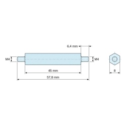 Plano acotado 45 mm / 6,4 mm, Distanciador hexagonal roscado macho/macho plástico poliamida PA6.6 UL94-HB M4 - 8 mm entrecaras