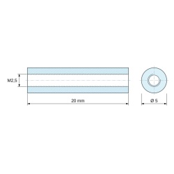 Plano acotado 20 mm, Distanciador redondo roscado hembra/hembra plástico poliacetal POM blanco UL94-HB M2,5 - Ø5 mm