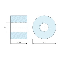 Plano acotado 5 mm, Distanciador redondo roscado hembra/hembra plástico poliamida PA6 reforzada con fibra de vidrio UL94-V2 M3 - Ø7 mm