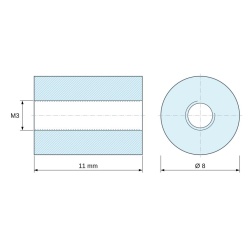 Plano acotado 11 mm, Distanciador redondo roscado hembra/hembra plástico poliamida PA6 reforzada con fibra de vidrio UL94-HB M3 - Ø8 mm
