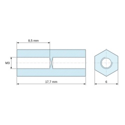 Plano acotado 17,7 mm, Distanciador hexagonal roscado hembra/hembra plástico poliamida PA6.6 reforzada con fibra de vidrio UL94-V0 M3 - 6 mm entrecaras
