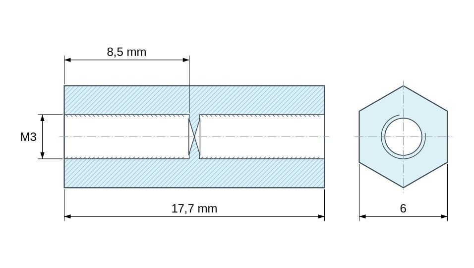 Plano acotado Distanciador hexagonal roscado hembra/hembra plástico poliamida PA6.6 reforzada con fibra de vidrio UL94-V0 M3 - 6 mm entrecaras