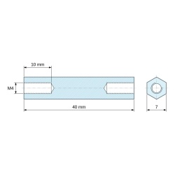 Plano acotado 40 mm, Distanciador hexagonal roscado hembra/hembra plástico poliamida PA6 reforzada con fibra de vidrio UL94-HB M4 - 7 mm entrecaras