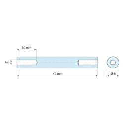 Plano acotado 42 mm, Distanciador redondo roscado hembra/hembra plástico poliamida PA6 reforzada con fibra de vidrio blanco UL94-HB M3 - Ø6 mm