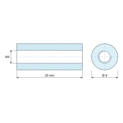 Plano acotado 20 mm, Distanciador redondo roscado hembra/hembra plástico poliamida PA6 reforzada con fibra de vidrio natural UL94-V2 M4 - Ø8 mm