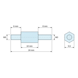 Plano acotado 10 mm / 6 / 8 mm, Distanciador hexagonal roscado macho/macho acero cincado azul M3 - 5,5 mm entrecaras, vástagos de 6 y 8 mm