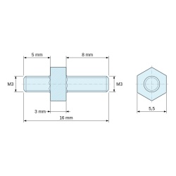 Plano acotado 3 mm / 5 / 8 mm, Distanciador hexagonal roscado macho/macho acero cincado M3 - 5,5 mm entrecaras, vástagos de 5 y 8 mm