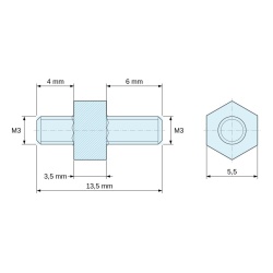 Plano acotado 3,5 mm / 4 / 6 mm, Distanciador hexagonal roscado macho/macho acero cincado M3 - 5,5 mm entrecaras, vástagos de 4 y 6 mm