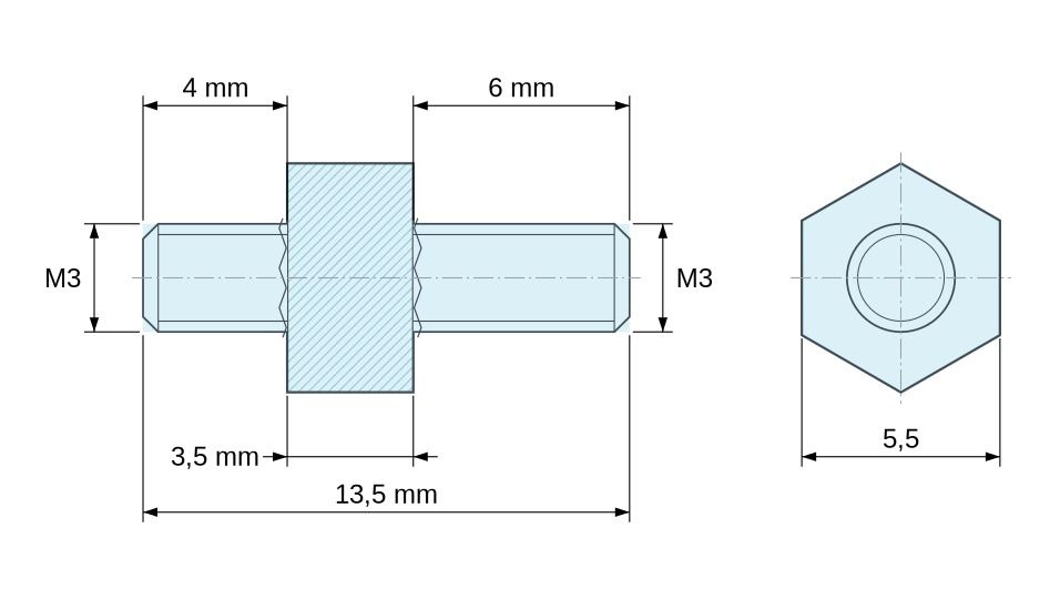 Plano acotado Distanciador hexagonal roscado macho/macho acero cincado M3 - 5,5 mm entrecaras, vástagos de 4 y 6 mm